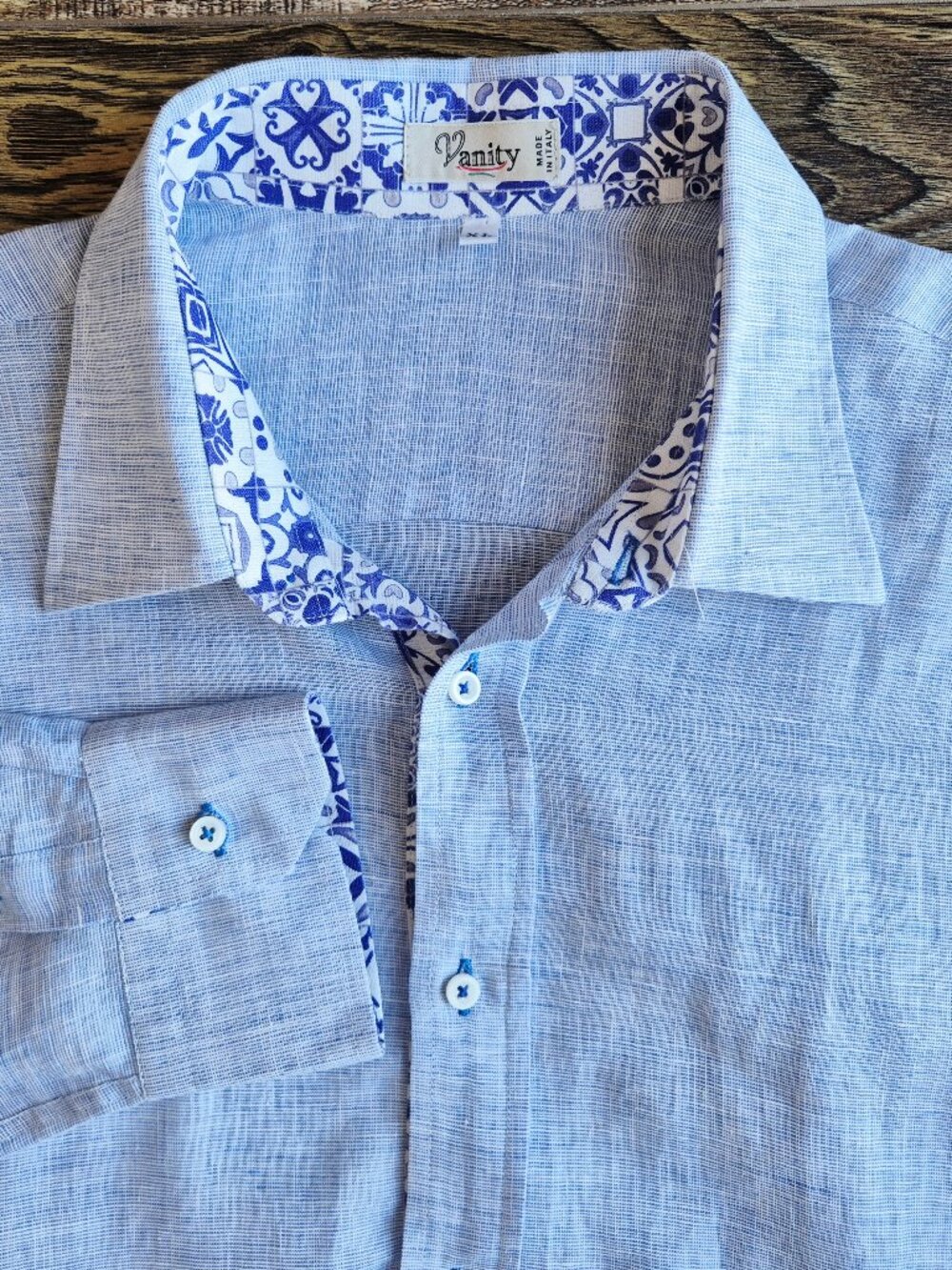 Vanity Made in Italy 100% Linen Button-Up Shirt Long Sleeve Light Blue